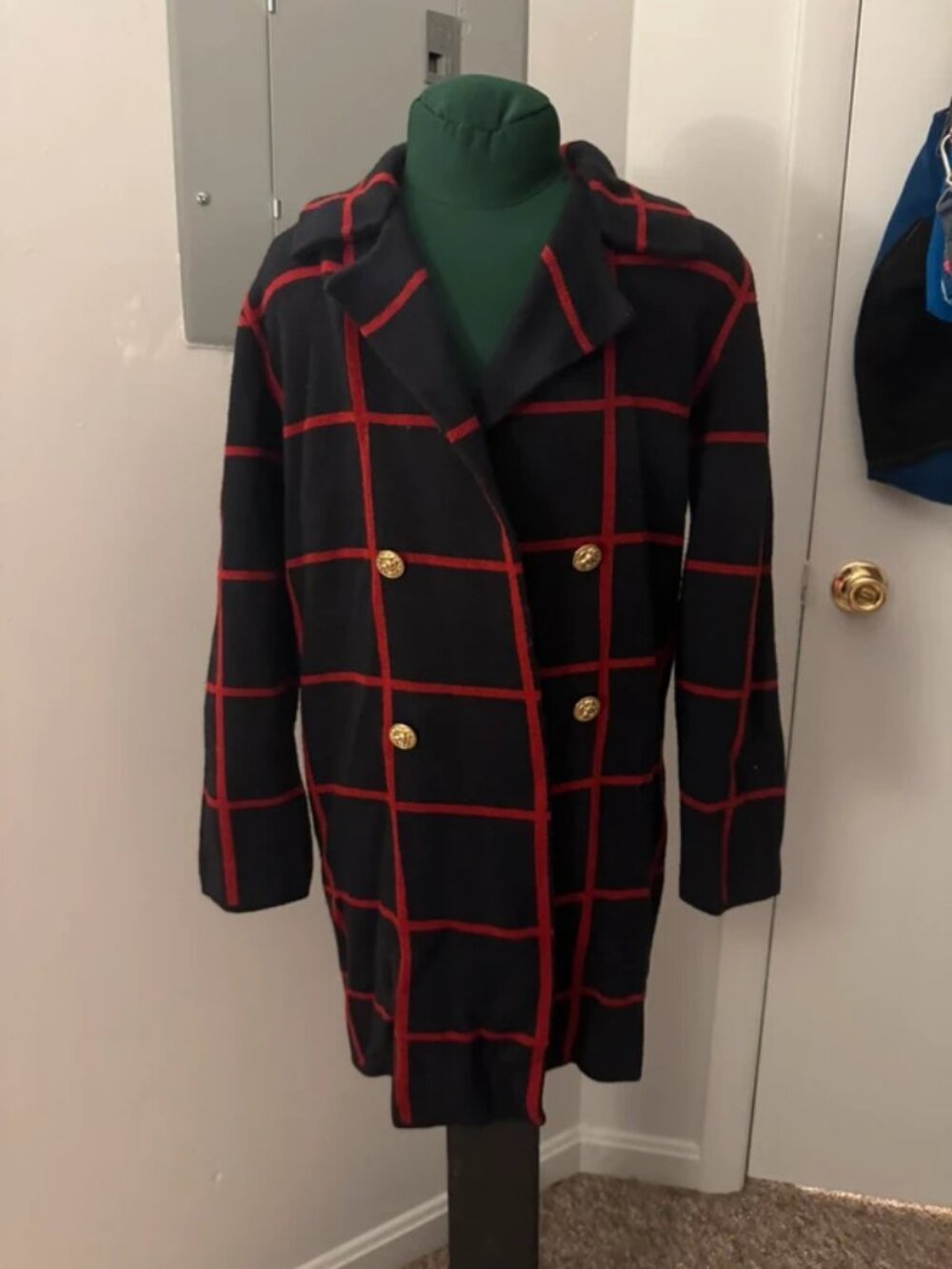 Navy Cardigan with Red Square Pattern